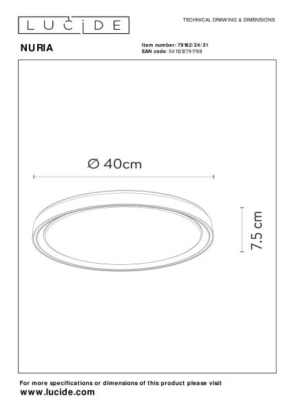 Lucide NURIA - Deckenleuchte - Ø 40 cm - LED Dim. - 1x24W 2700K - 3 StepDim - Weiß - TECHNISCH